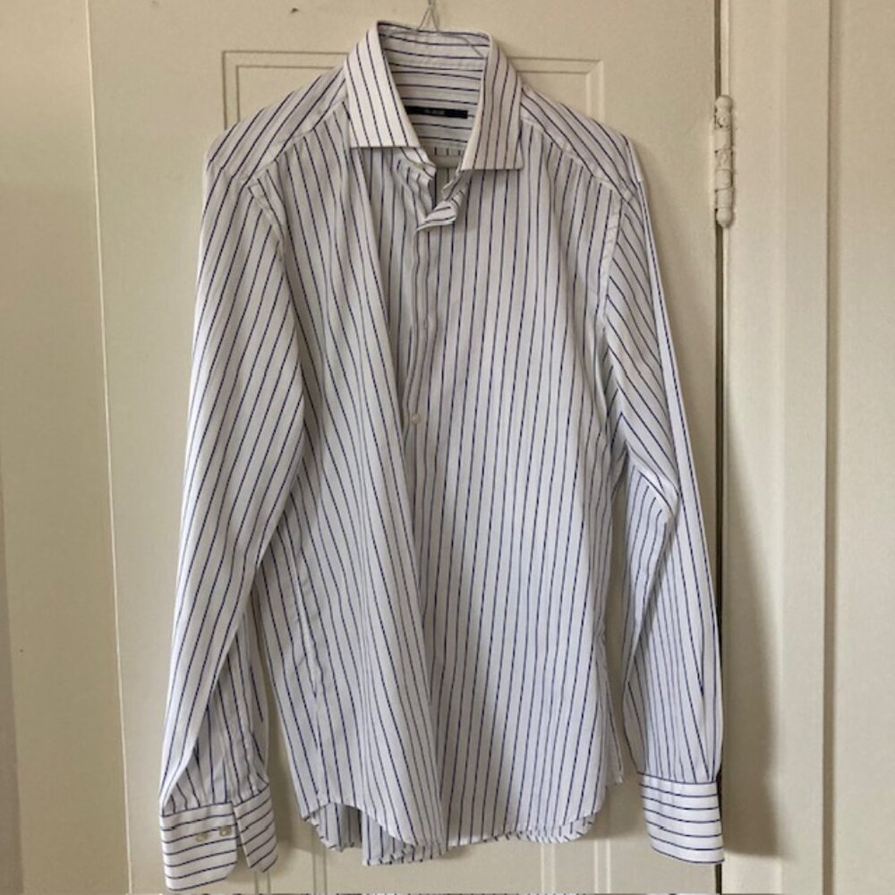 Pal Zileri men's Italian dress shirt cotton L/XL white/blue chalk stripe NICE